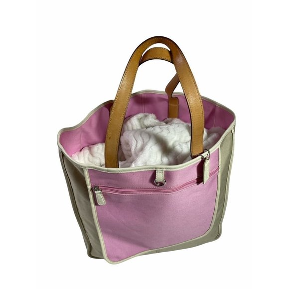 Coach Womens Tote Bag White Pink Color Block Beach Zip Pockets Dual Handle Bag - Picture 3 of 12
